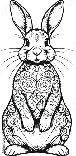 A perfectly symmetrical, full-body rabbit coloring page illustration, drawn with clean, consistent black ink lines in minimalist style. The rabbit is sitting upright with its ears up 3