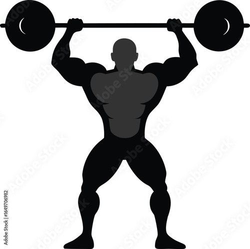 Strong muscular man lifting heavy barbell overhead silhouette isolated on white background