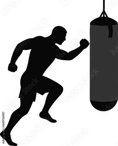 Silhouette of a boxer training with a punching bag isolated on white background silhouette