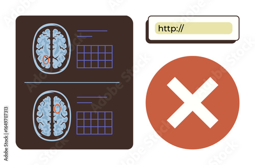 MRI brain scans with highlights, a web browser link bar, and a red cross mark. Ideal for neuroscience, mental health, healthcare systems, technology access, cybersecurity, restrictions and error