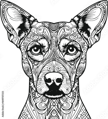 A perfectly symmetrical, front-facing dog face coloring page illustration, drawn with clean, consistent black ink lines in minimalist style 1