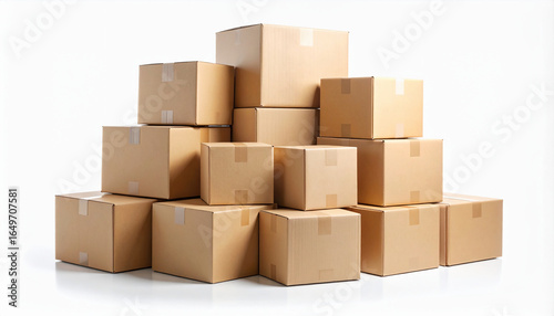 Pyramid of cardboard boxes on bright white background, taped and brandless, studio scene with copy space; ideal for ecommerce, fulfillment, logistics, moving, shipping and delivery concepts.
