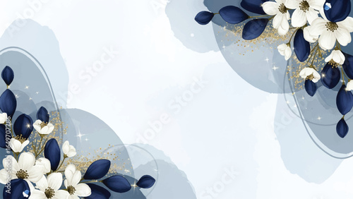 navy blue and white watercolor floral vector background, elegant floral bouquet illustration for wedding invitations, abstract watercolor wedding card design template