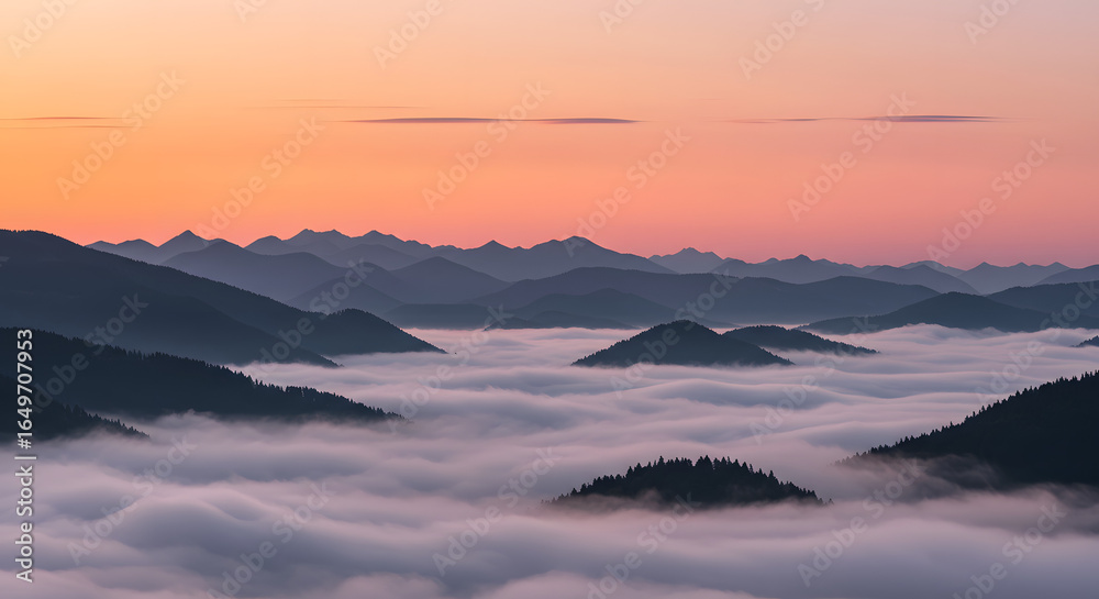 Fototapeta premium Mountain landscape with sunrise and thick fog in the valleys