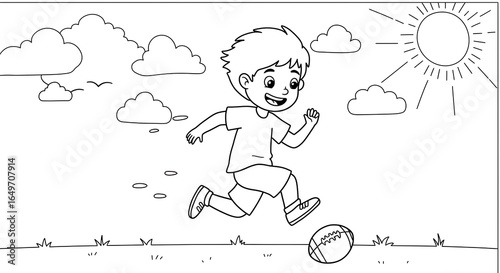 Joyful Boy Kicking Ball Under Sunny Sky Coloring Page