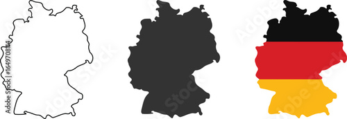 Germany Map Outline Set – Vector Borders in Black, Solid Fill, and National Flag Colors
