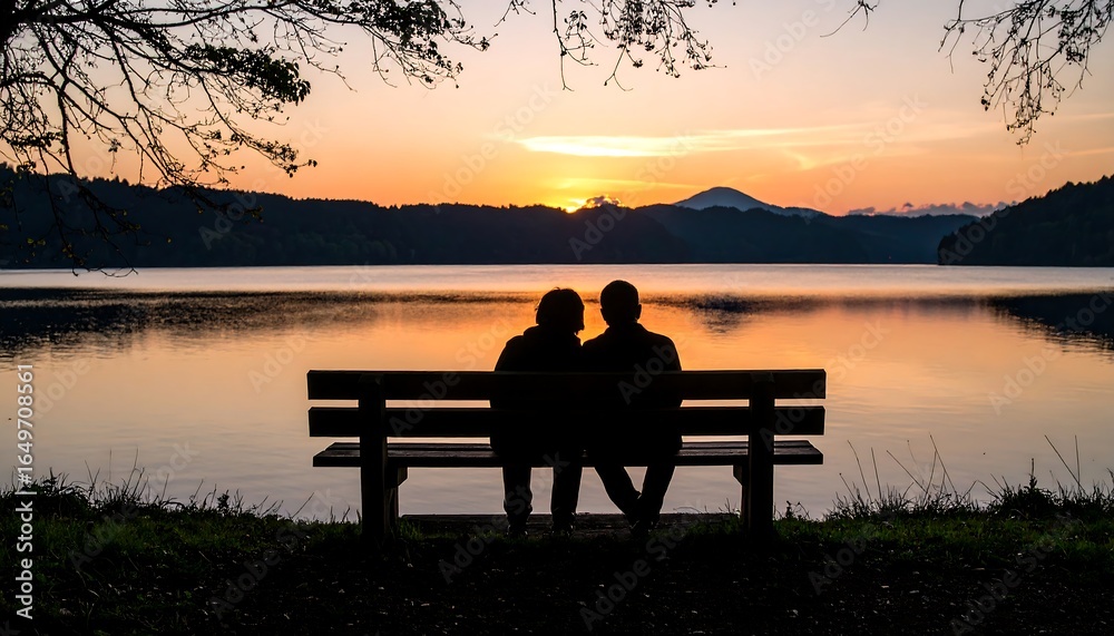 Couple sits on a bench watching a sunrise over a lake. Couple sits on a bench watching a sunrise over a lake.