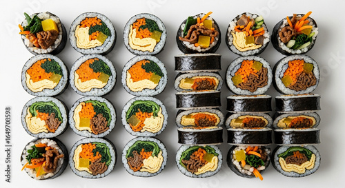 Close-up shot of beautifully arranged Korean gimbap rolls with various fillings.