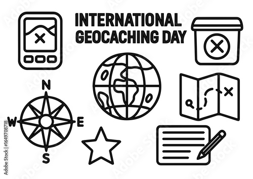 International Geocaching Day Outline Vector Icons for Coloring Book