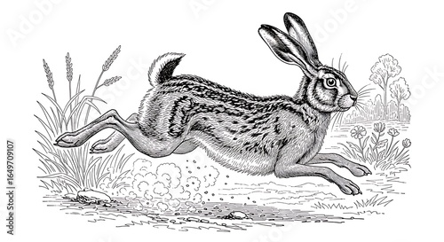 Leaping Hare in Detailed Vintage Engraving Illustration
