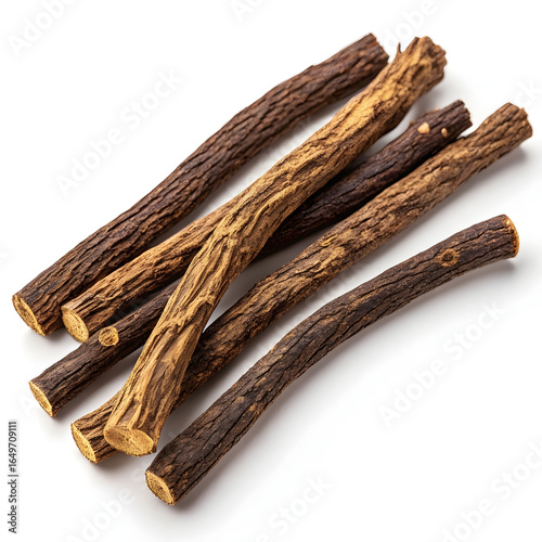 Dried licorice root pieces isolated on white background, used in herbal medicine, natural sweeteners,