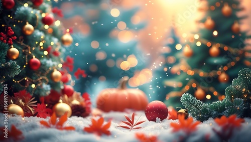 Whimsical autumn christmas scene with pumpkin and ornaments