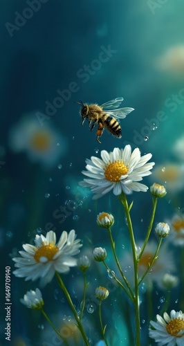 Honeybee soaring amidst a field of white daisies. Soft teal background