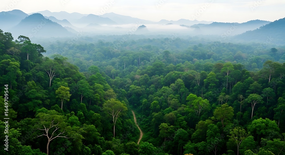 Fototapeta premium Lush Green Forest Landscape with Misty Mountains and Winding Dirt Road