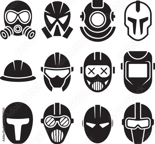Collection of Diverse Protective Masks and Helmets Icons on White respirator gas mask