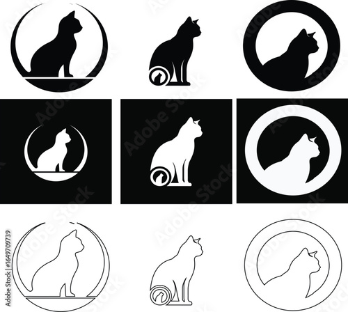 Minimalist cat logo set in silhouette, outline, and flat styles on black, perfect for pet care and cafe branding.