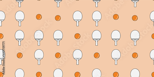 A repeating pattern on a beige background Ping pong paddles alternate with orange balls