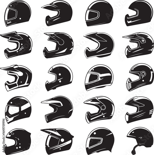 Collection of Diverse Motorcycle Helmet Silhouettes on White Background motorbike helmet motocross helmet