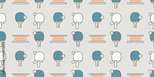 Repeated patterns of ping-pong paddles balls and nets against a light gray background