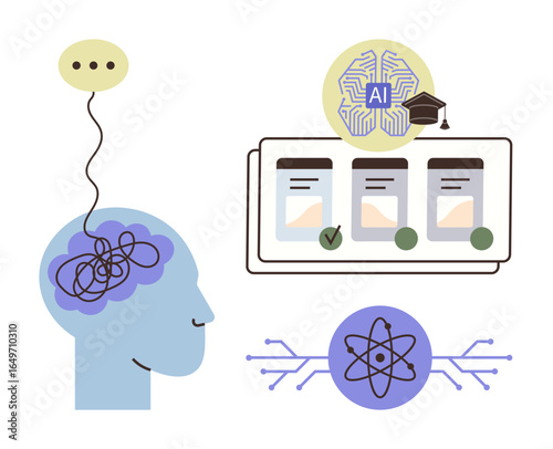 Human head with interconnected thoughts, AI decision board, and data flow. Ideal for AI, brain function, education, innovation, technology decision-making problem-solving. Simple flat metaphor