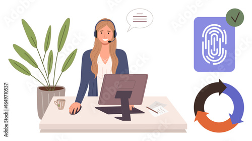 Woman at desk talking via headset, computer, notebook, fingerprint, workflow cycle, plants. Ideal for customer support, technology, communication data security workflow digital ID simplicity