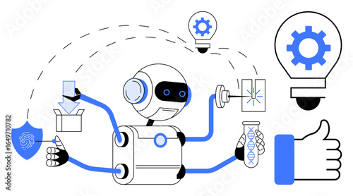Robot analyzing DNA, testing solutions, engaging with tools and technology, and delivering innovation. Ideal for AI, automation, science, creativity technology teamwork progress. Simple flat