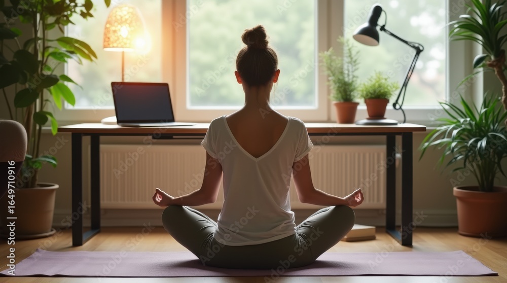 Fototapeta premium A professional meditates on a yoga mat beside a standing desk, laptop closed, soft daylight, salt lamp, and greenery creating a restorative home office corner 
