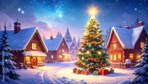 Festive snowy village scene with a decorated Christmas tree.
