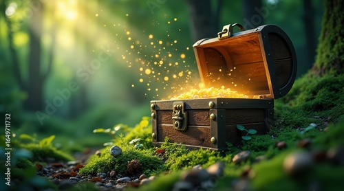 Enchanted treasure chest overflowing with golden light in a mystical forest