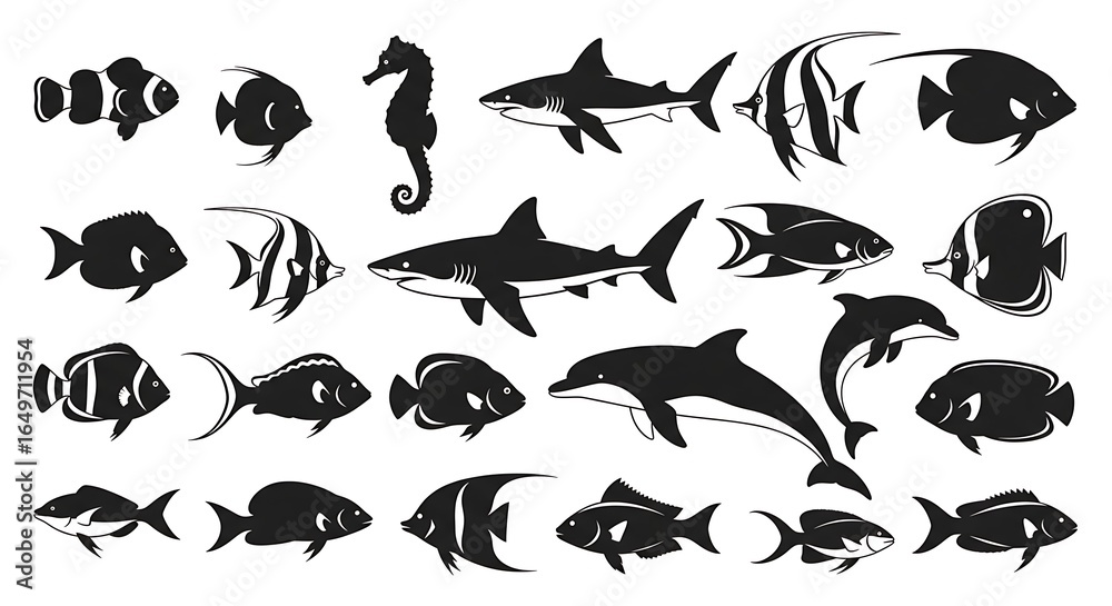 Naklejka premium Marine Life Silhouettes: Diverse Ocean Creatures in Black and White Vector Illustration