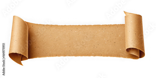 Antique parchment scroll banner with curled tips and rough edges, blank kraft paper ribbon for titles and announcements, transparent background
