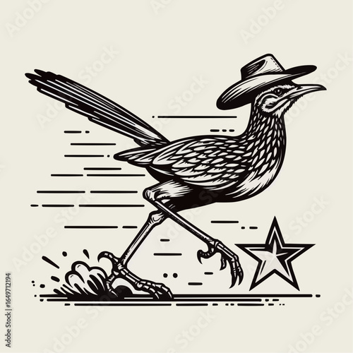 Stylish roadrunner bird wearing cowboy hat with Texas star