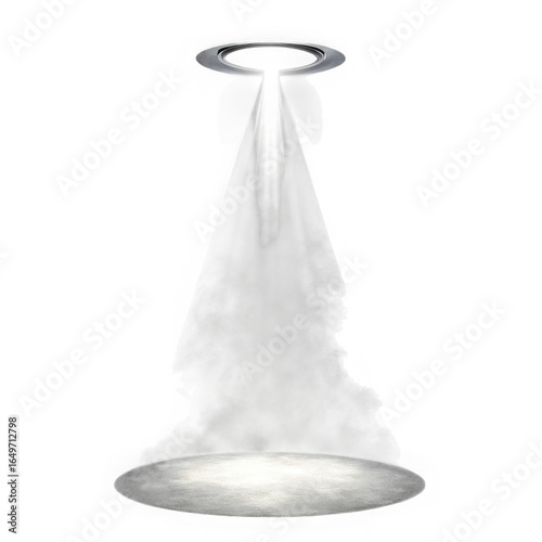 Ceiling spotlight casting bright cone of light with atmospheric haze and circular pool on floor, stage illumination effect, transparent background
