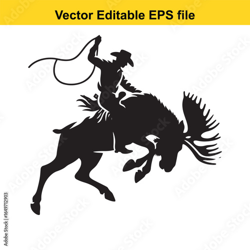 Cowboy riding a moose silhouette, rodeo action, isolated on white background