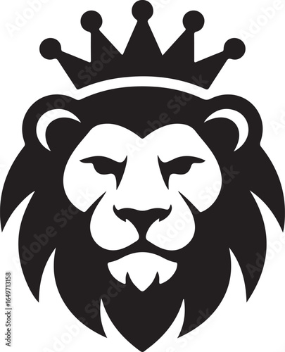 Black and white stylized lion head wearing a royal crown with a regal expression face mane
