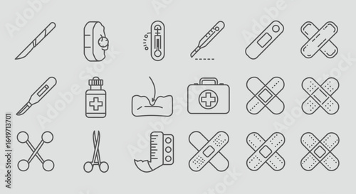 A collection of medical icons including bandages, thermometers, a first aid kit, and other healthcare related symbols.