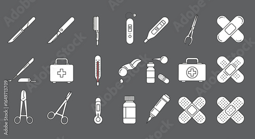 Collection of medical instruments and supplies, displayed as simple line art icons.
