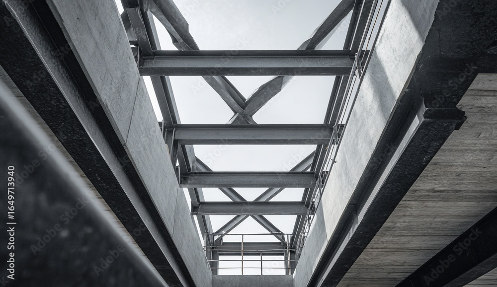 Obraz premium Industrial architecture with exposed steel beams against sky. Concrete, grids, and structure