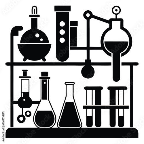 Science Experiment Illustration Beakers, Test Tubes, and Laboratory Equipment on a TwoTiered Stand
