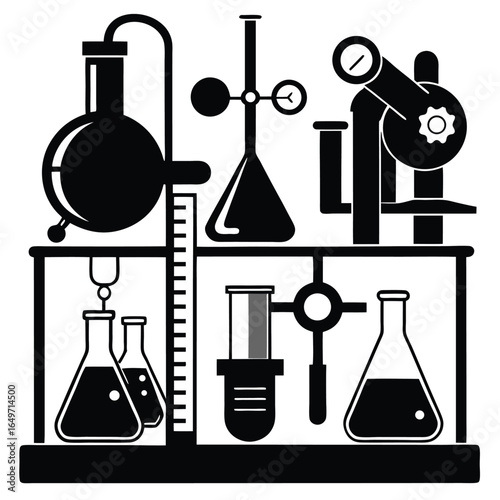 Black and White Laboratory Equipment Arrangement Featuring Beakers, Flasks, and Mechanical Apparatus