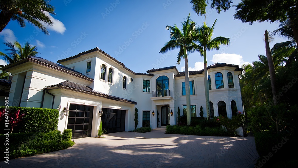 Fototapeta premium Luxurious mediterranean style mansion with palm trees and blue sky