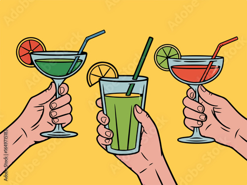 Vector art of hands holding colorful cocktails with fruit slices and straws, a refreshing summer beverage for parties, in a retro pop art style isolated on transparent background