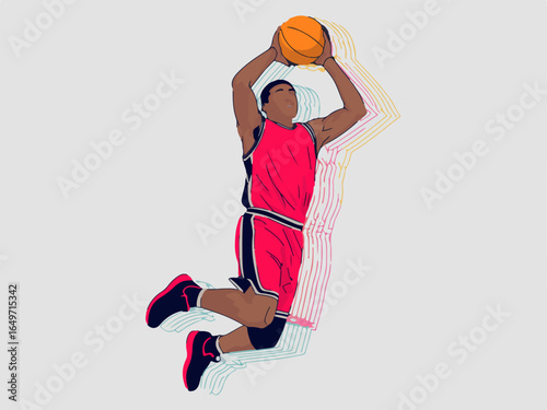 Vector art of dynamic basketball player dunking illustration isolated on white background, perfect for sportsthemed designs and athletic content creation isolated on transparent background