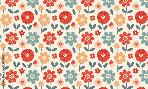 Seamless Floral Pattern with Stylized Flowers and Leaves in a Vibrant Palette