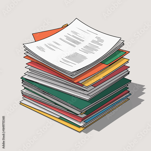 Illustration of a stack of papers and folders, representing office work, bureaucracy, and the overwhelming feeling of paperwork isolated on transparent background