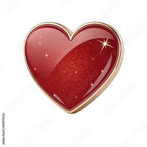 shiny red heart with gold trim and glossy highlights, romantic love icon with sparkles, transparent background