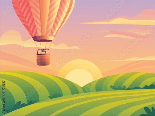 Vector art of a serene landscape featuring a hot air balloon gracefully ascending over rolling green fields at sunrise, casting a warm glow on the tranquil scenery isolated on transparent background