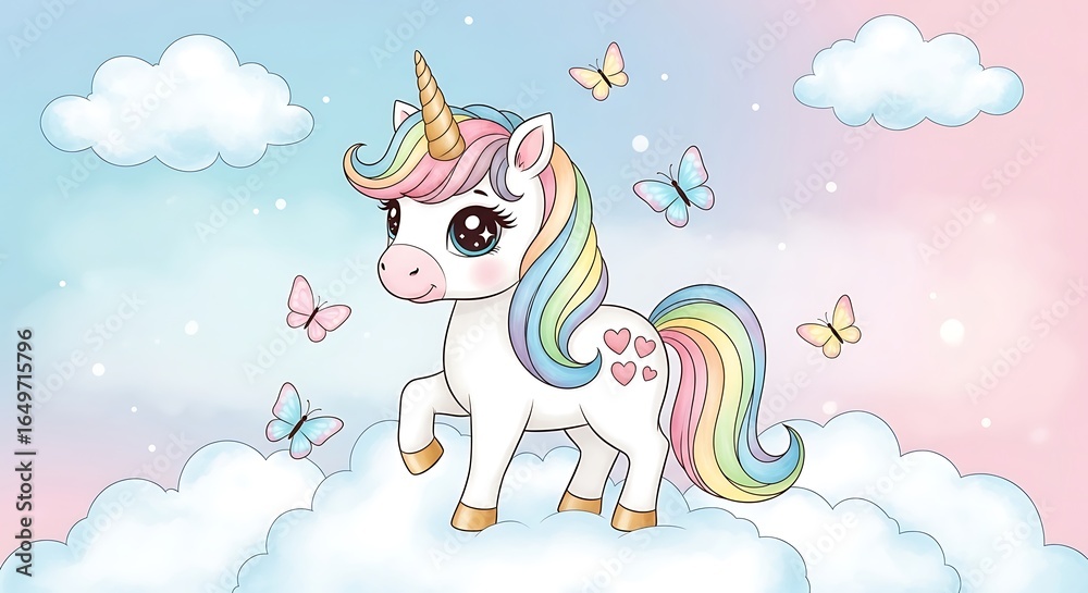 Fototapeta premium Pastel Rainbow Unicorn on Clouds with Butterflies
