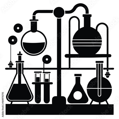 Black Silhouette of Complex Chemical Apparatus with Flasks, Test Tubes, and Connecting Tubes