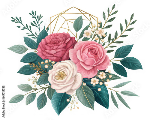 watercolor floral bouquet with pink and white roses, teal greenery, and geometric gold frame accent, transparent background